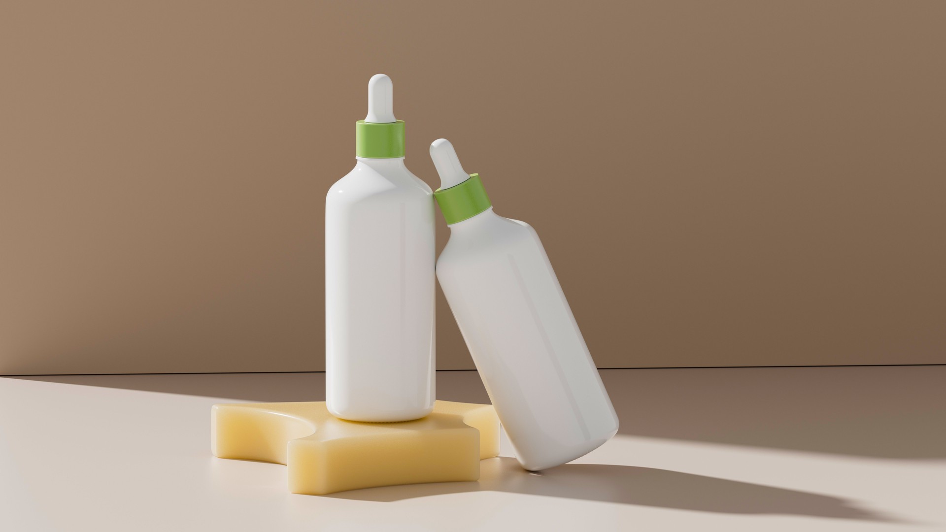 Minimalist Beauty: White Skincare Bottles with Green Droppers, Yellow Geometric Accents, and a Soft Pastel 3D Design